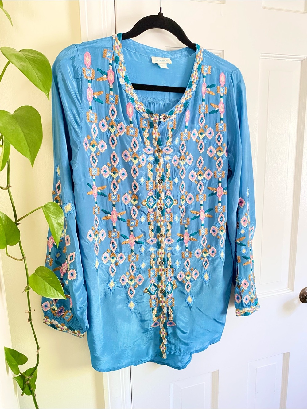 Sundance Floral Embroidered Boho Blue Top Blouse Women’s Size Small